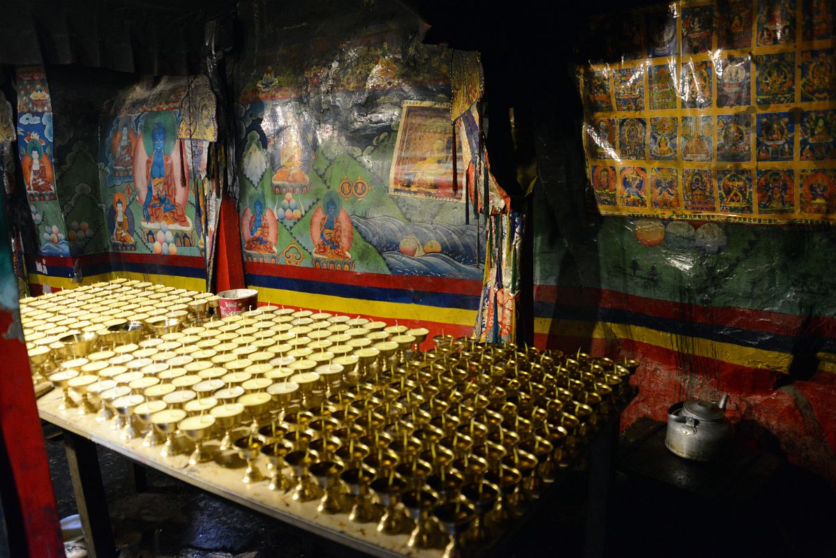 15 Butter Lamps And Painting Of Bhaisajyaguru Medicine Buddha In The Main Hall At Rong Pu Monastery Between Rongbuk And Mount Everest North Face Base Camp In Tibet